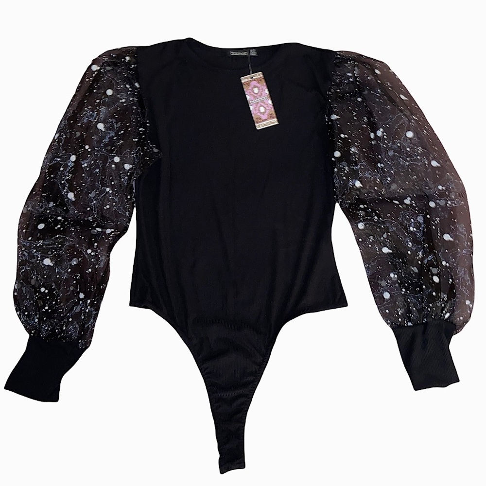 Brand New BooHoo Women’s Black Puff Sleeve Bodysuit Size 12